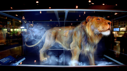 projection of a saber-toothed cat in a museum AI generated