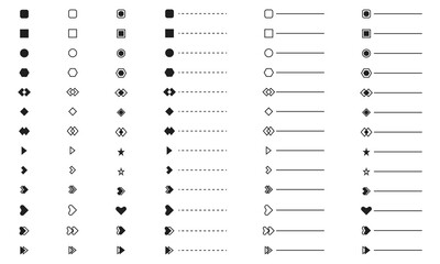 bullet points list of shapes, like arrows, heart, circle, square for power point presentation, infographics, web and app design development elements