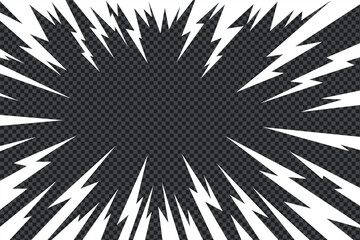 Radial comic manga thunder background with vector lightning lines. Thunder manga bg for anime power flash, electric burst and motion frame. Abstract dark effect illustration.