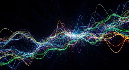 Colorful wave lines on a black background with particle effects, concept for data visualization, digital communication and signal processing