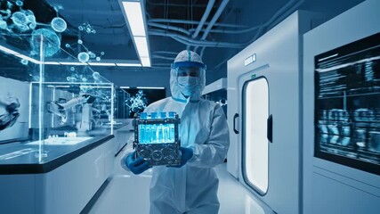 Scientist in Futuristic Lab Carries Samples Research Technology. - Powered by Adobe