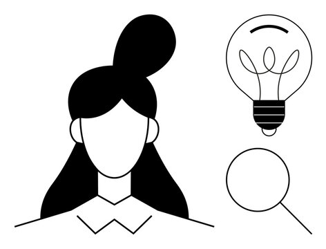 Minimalist woman vector with flowing hair alongside magnifying glass and light bulb. Ideal for creativity, innovation, ideas, problem-solving, research, leadership, brainstorming, and discovery - Powered by Adobe