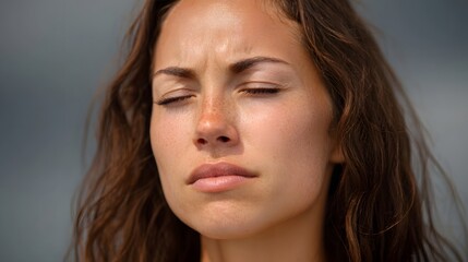 Naklejka premium A woman s contemplative expression with eyes closed and brow furrowed against a dramatic cloudy sky