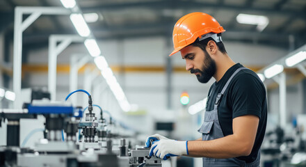 Industrial Worker Operating Machinery in a Modern Factory Setting