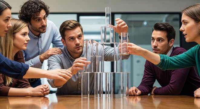 A diverse group of business colleagues collaborates on a team-building exercise, carefully stacking glasses to build a fragile pyramid on a conference table.