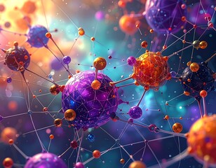 Digital image of spherical objects connected by strands, bright colors