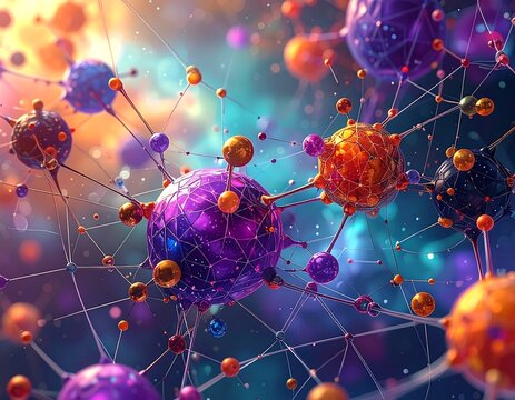 Digital image of spherical objects connected by strands, bright colors