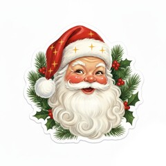 Cheerful Santa Claus with Traditional Red Hat and Christmas Decor, The style is retro 1950s Christmas postcard art