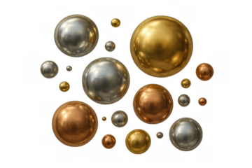 Metallic spheres in gold, silver, and bronze floating abstractly, showing a shiny effect on a transparent background for design