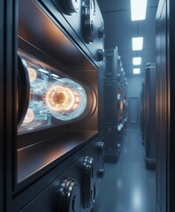 Obraz premium Futuristic modular storage or reactor facility with a close-up on a glowing plasma core cell. Concept of controlled fusion energy, cryogenic storage, and advanced technology