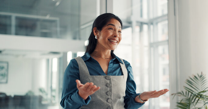 Media agency, presentation and happy woman in office, talking and copywriting with ideas. Mature person, employee or journalist with magazine editor, speech and proposal for creative project or smile