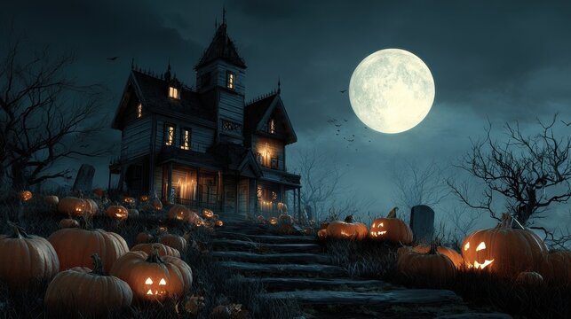 spooky halloween scene with haunted house pumpkins and full moon