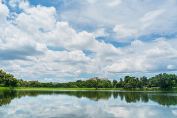 a public place leisure travel landscape lake views at Ang Kaew Chiang Mai University and Doi Suthep nature forest Mountain views spring cloudy sky background with white cloud.