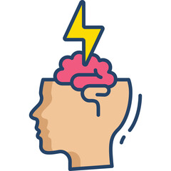 Human Head Silhouette With Pink Brain And Yellow Lightning Bolt Symbolizing Mental Stress Or Breakthrough On Transparent Background