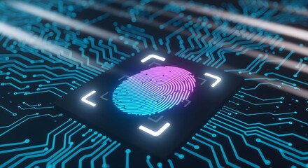 Biometric data concept. Iridescent fingerprint scanning on a dark, futuristic circuit board background