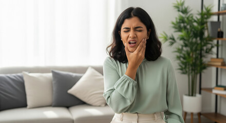 Young woman suffering from severe toothache, jaw pain at home.