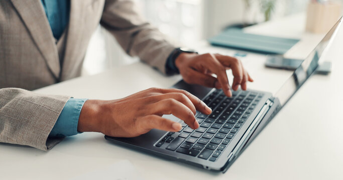 Businessman, hands and typing with laptop for research, online proposal or email in office. Man, employee or keyboard with computer or technology for communication, network or connection in workplace