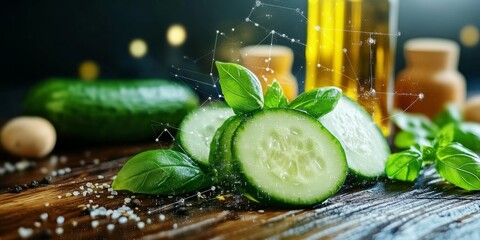 Sliced cucumber and basil leaves resting on wooden table with science concept