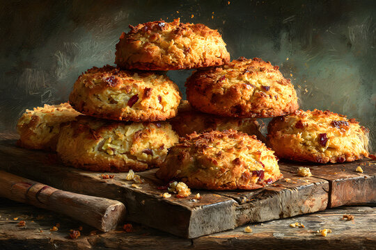 Freshly baked cookies made from scratch with crunchy apple crumbles and a hint of cinnamon, arranged artfully on a rustic wooden cutting board.