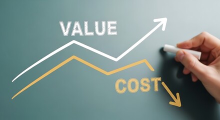 Hand drawing value and cost graph with chalk on a blue background