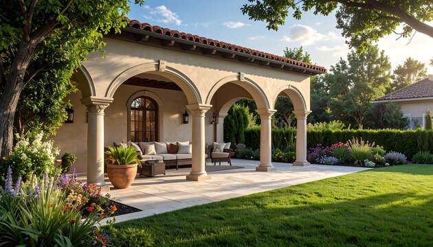 A sunlit patio with arched columns, terracotta roof tiles, and an outdoor seating area. Lush landscaping frames the scene