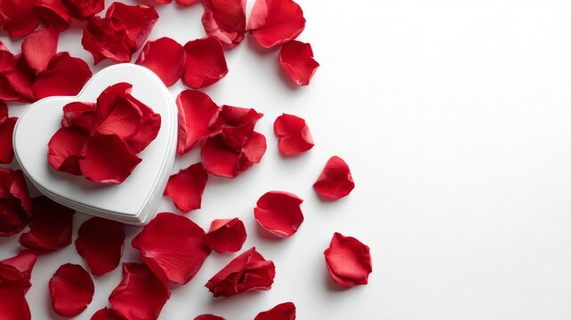 Romantic valentine’s day composition with red roses, heart-shaped gift box, and scattered rose petals on a clean white background for love, romance, and celebration concepts - Powered by Adobe