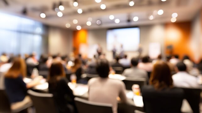 Business Seminar Blur: A blurred seminar or workshop setting with speakers and participants, perfect for professional development and learning themes. High quality. High quality