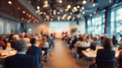 Business Seminar Blur: A blurred seminar or workshop setting with speakers and participants, perfect for professional development and learning themes. High quality. High quality