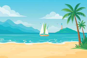 Modern flat vector scene of a peaceful tropical beach with sailing vessel and lighthouse