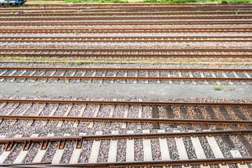 Detail of rails at shunting yard and freight station, Europe