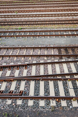Detail of rails at shunting yard and freight station, Europe