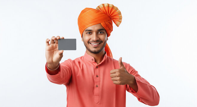 young Indian man in an orange turban and kurta shows a bank card and gives a thumbs u