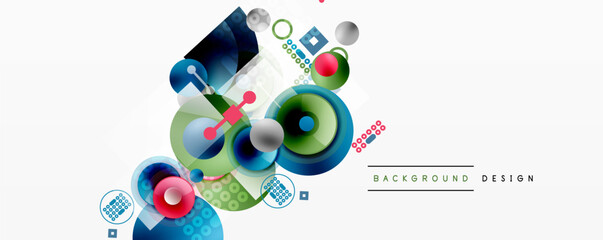 Fototapeta premium Abstract geometric shapes, vibrant colors, modern design elements. Circles, squares, lines create dynamic composition. Clean background enhances visual impact.