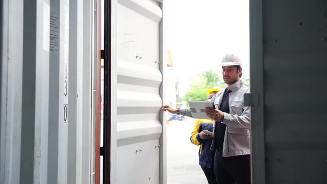 Two man and woman logistics workers in high visibility safety gear and hard hats discuss operations at a busy shipping container yard