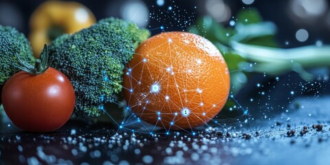 Food analysis, orange, broccoli and tomato with digital network overlaid