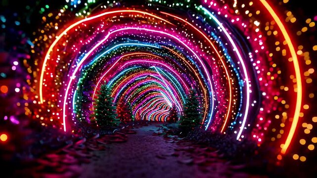 Vibrant Neon Tunnel and Red Fur Christmas Trees - VJ Loop Motion Background, Christmas tree lights