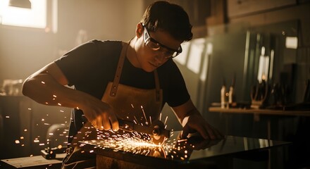 A skilled worker wearing safety glasses and an apron is welding metal in a well-lit workshop environment, creating sparks as part of a manufacturing or fabrication process