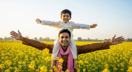 Joyful Indian Father Son Flying in Mustard Field