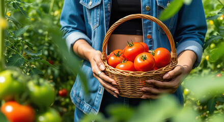 Woman holding fresh red tomatoes in basket from organic garden