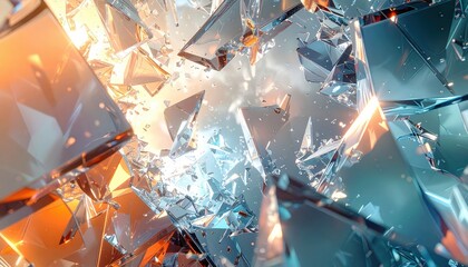 Detailed abstract composition features shattered glass shards in a dynamic explosion,...