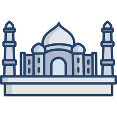 Iconic Taj Mahal Monument Structure With Towers And Dome In Light Blue And Grey Colors Detailed Architectural Illustration