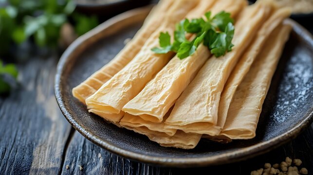 Tofu skin yuba sticks or fichu on plate