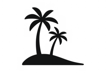 Island with two palm trees silhouette illustration, depicting tropical travel, summer vacation, and holiday destination