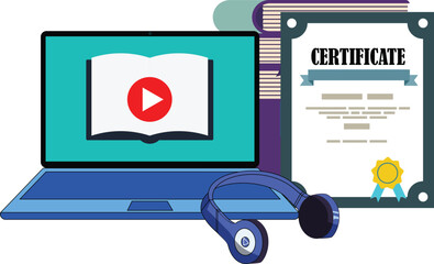 Online education concept: laptop, certificate, books, headphones