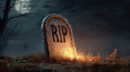 cartoon gravestone with rip inscription in a spooky halloween background