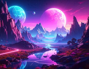 Glowing celestial spheres dominate a vibrant landscape, with mountainous terrain reflecting in tranquil water, amidst a dreamy ambiance filled with neon pink and purple hues across the sky and ground.