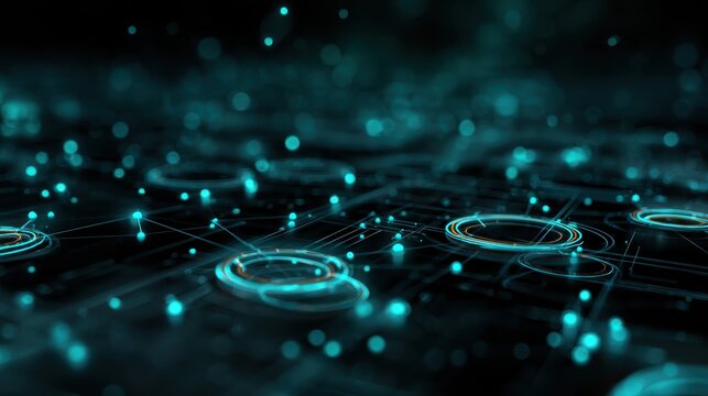 the text describes a futuristic digital network with glowing blue nodes thin lines circular tech patterns and geometric rings accompanied by a neon cyber grid and hightech data visualization
