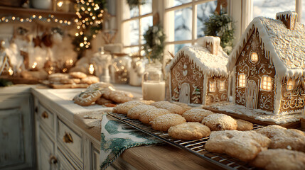 A festive kitchen scene with a holiday-themed baking setup, featuring freshly baked cookies, gingerbread houses