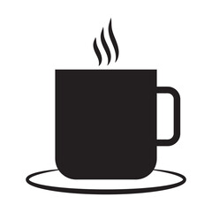 Simple black and white icon of a steaming cup of coffee.