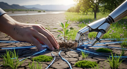 Human and Robotic Hands Nurturing a Plant, Merging Nature and Technology, Future of Farming
